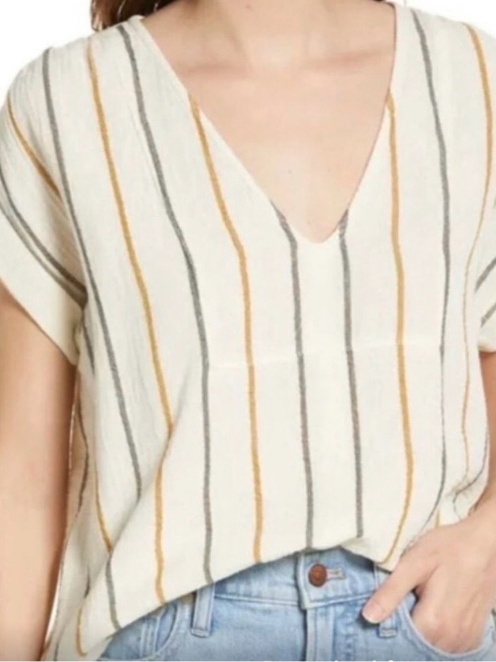 Madewell Cream V-Neck Striped Cotton Tunic with Black and Mustard Lines